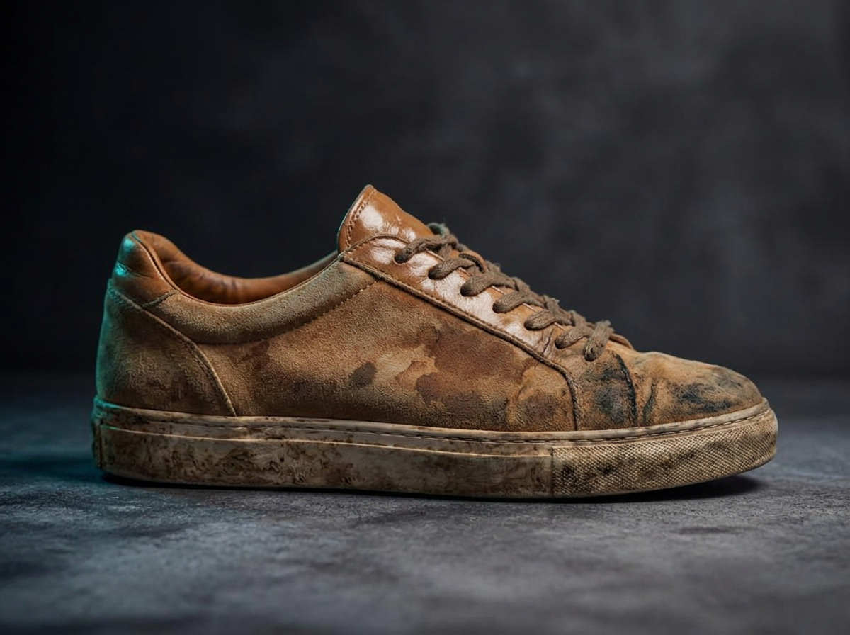 Water-stained tan suede before HI-SAVVY suede restoration